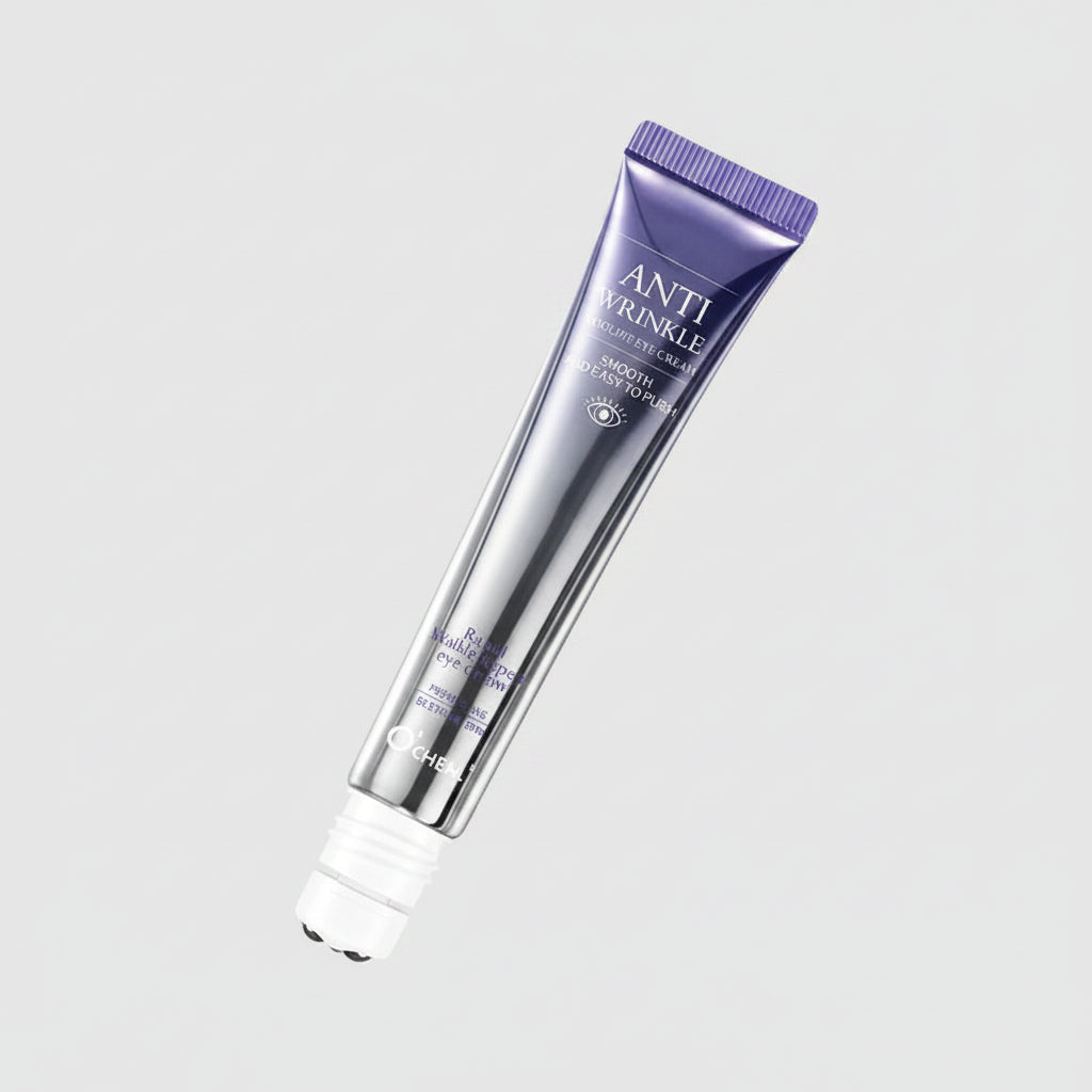 Anti-wrinkle lotion with packaging details on a light purple background