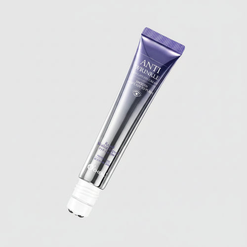 Anti-wrinkle lotion with packaging details on a light purple background