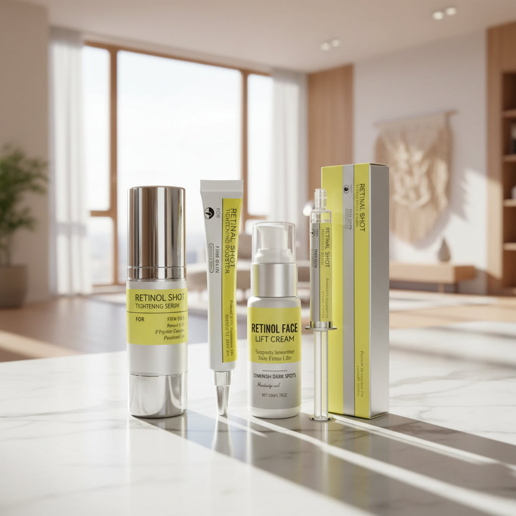 Four skincare products and their packaging arranged on a neutral gray surface: a large silver bottle labeled Retinol Shot Tightening Serum, a silver tube labeled Retinol Shot Eye Cream Booster, a silver pump bottle labeled Retinol Face Lift Cream, and a slim retinol ampoule with its matching box. The labels are bright yellow and silver.