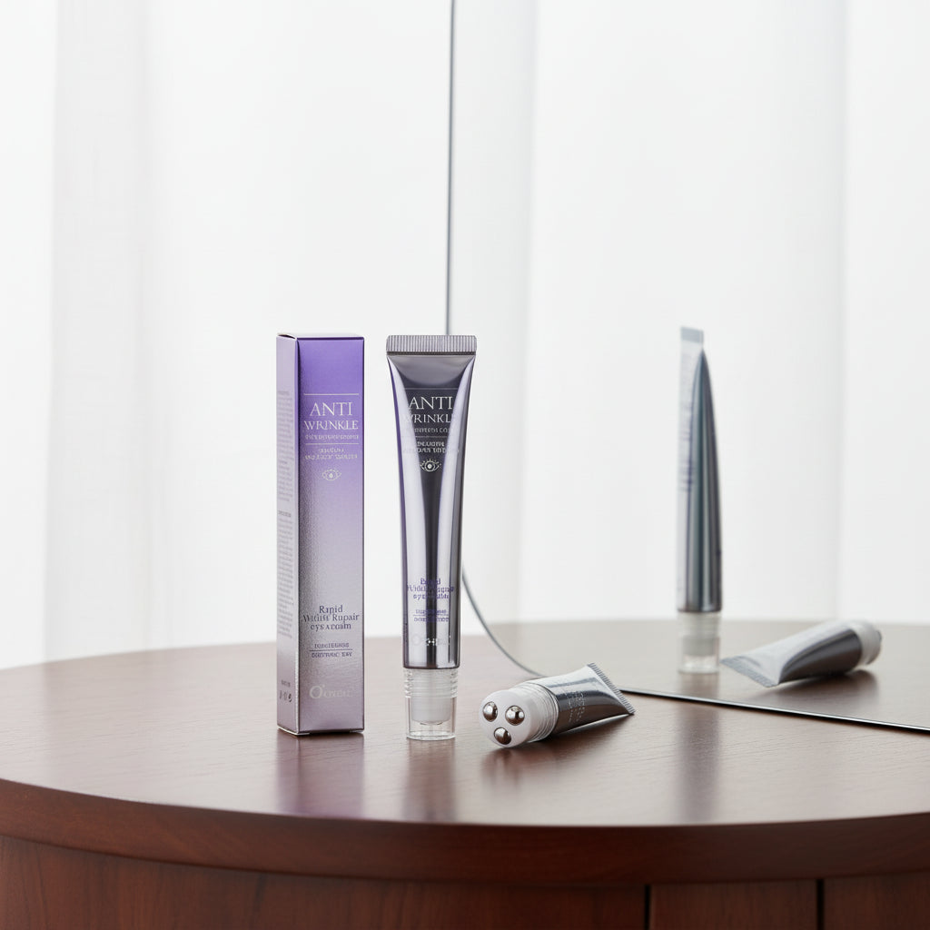 O'Keeffe's Anti Wrinkle Cream with packaging and close-up of eye area.
